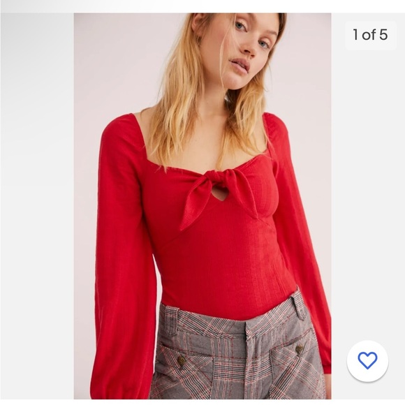 Free People It’s a Date Bow Puff Long Sleeve Microrib Top - Picture 1 of 7